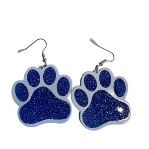 Blue glitter paw print dangle earrings
